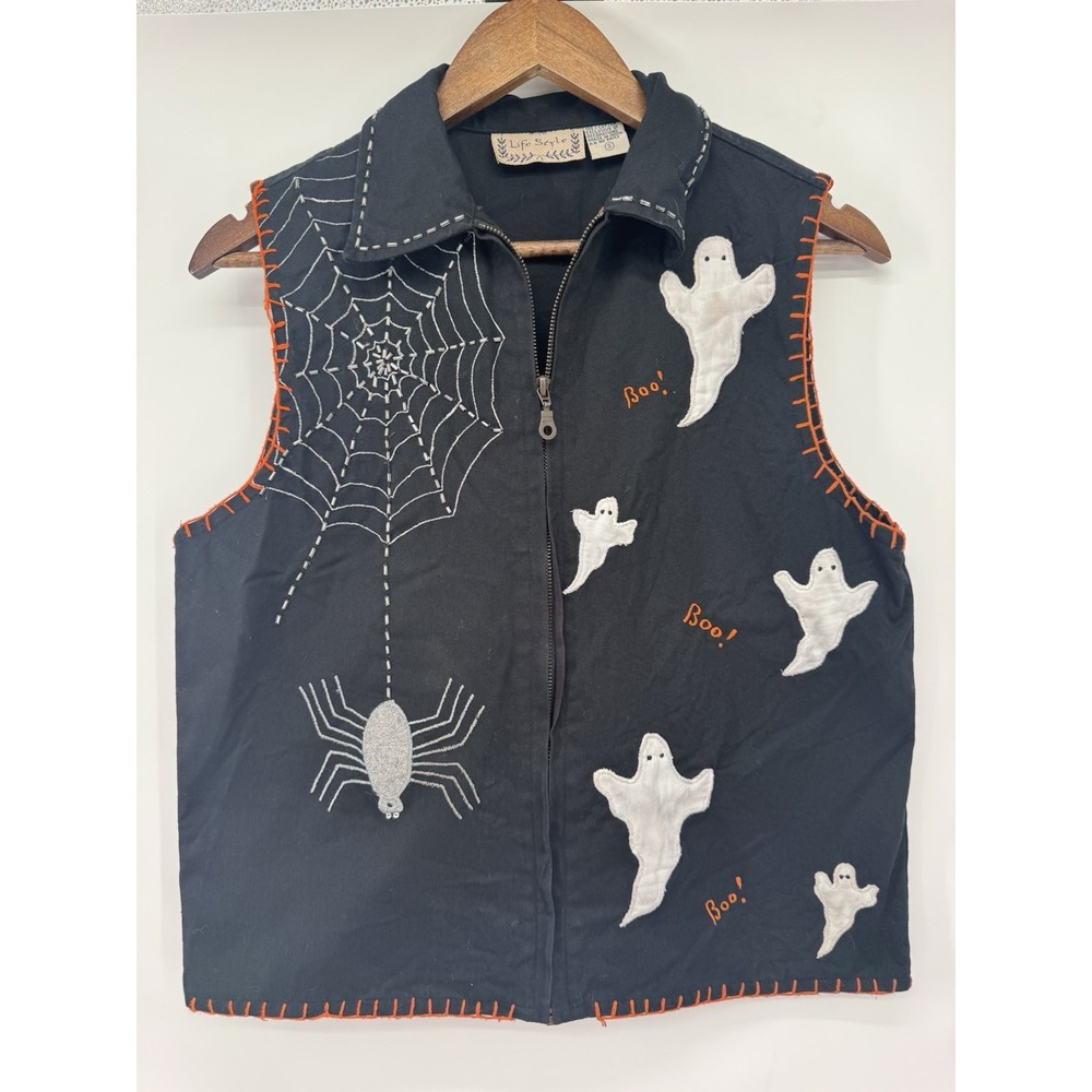 Life Style Women's S Halloween Vest Ghost Spider Web Appliqué Zip Cotton VTG